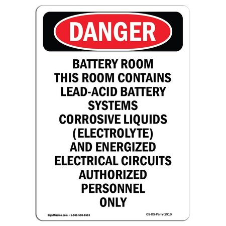 SIGNMISSION OSHA Danger, Portrait Battery Room Contains Lead-Acid, 10in X 7in Aluminum, 7" W, 10" L, Portrait OS-DS-A-710-V-1910